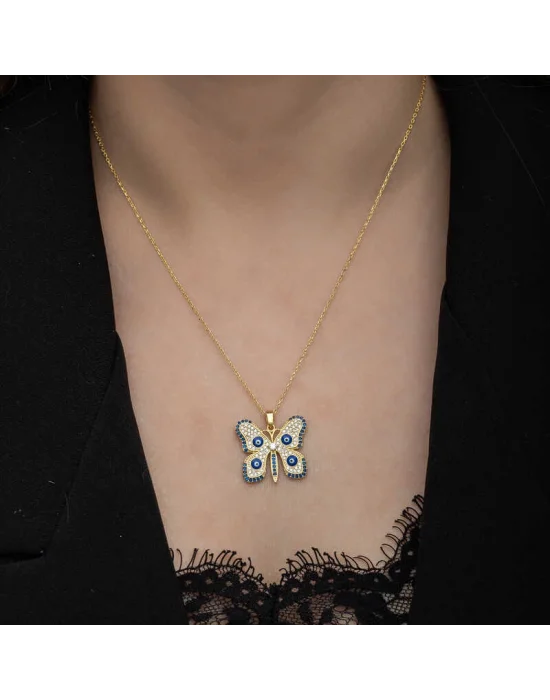 Gümüş Gold Nazarlı Kelebek Kadın Kolye