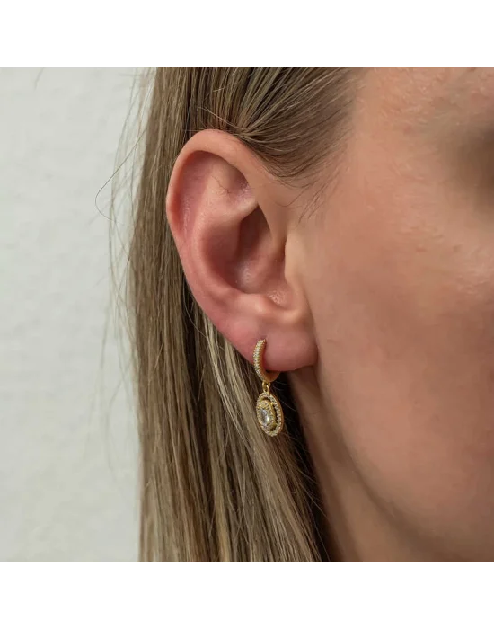 Gümüş Gold Oval Taşlı Sallantılı Küpe