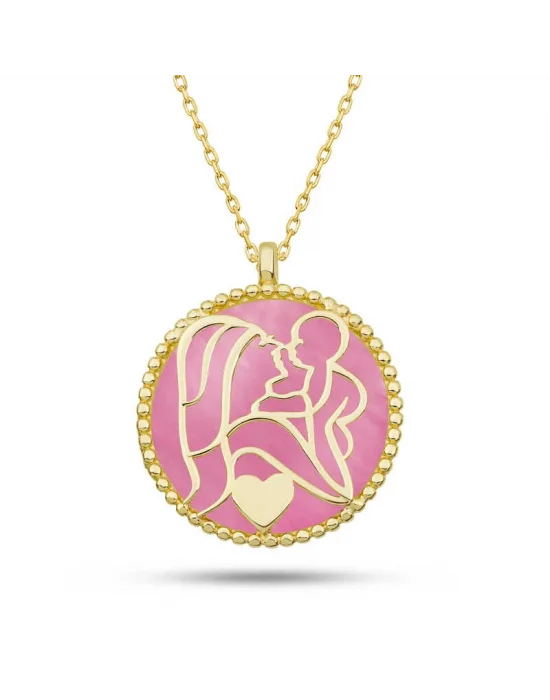 Gümüş Gold Pembe Sedef Taşlı Anne Çocuk Sevgisi Kolye