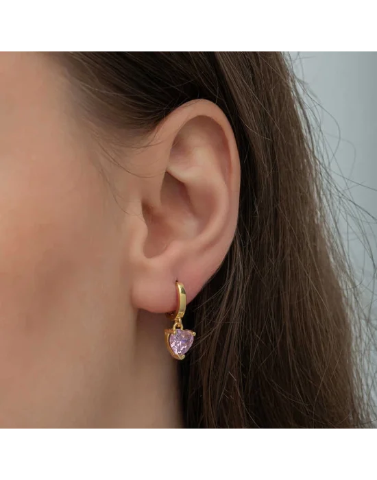 Gümüş Gold Pembe Taşlı Kalpli Kadın Küpe