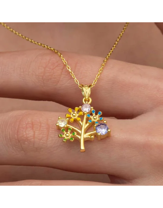 Gümüş Gold Renkli Hayat Ağacı Kadın Kolye