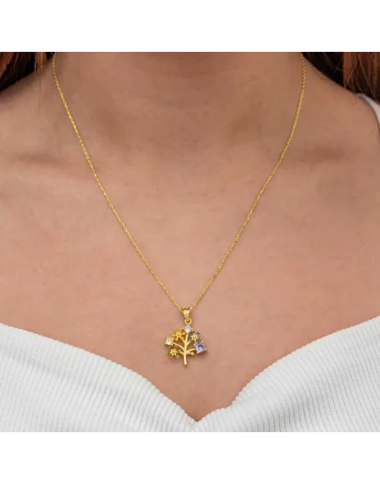 Gümüş Gold Renkli Hayat Ağacı Kadın Kolye