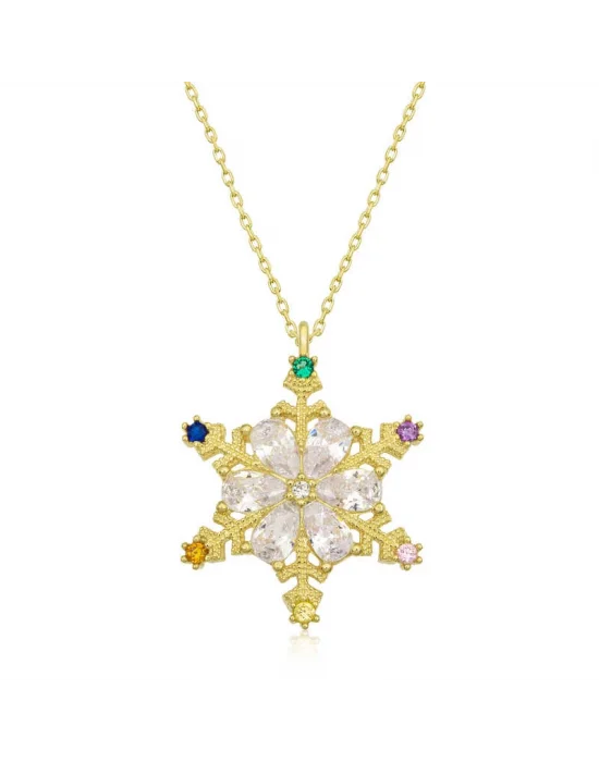 Gümüş Gold Renkli Taşlı Kar Tanesi Kadın Kolye
