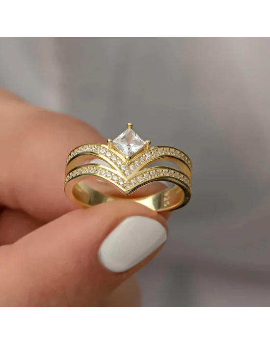 Gümüş Gold Tek Taş Kadın Yüzük
