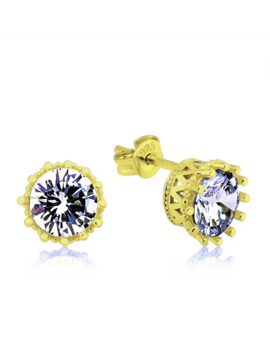 Gümüş Gold Tırnaklı Tek Taş Çivili Kadın Küpe