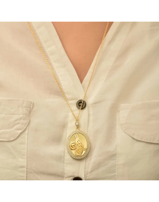 Gümüş Gold Tuğralı Oval Bayan Kolye
