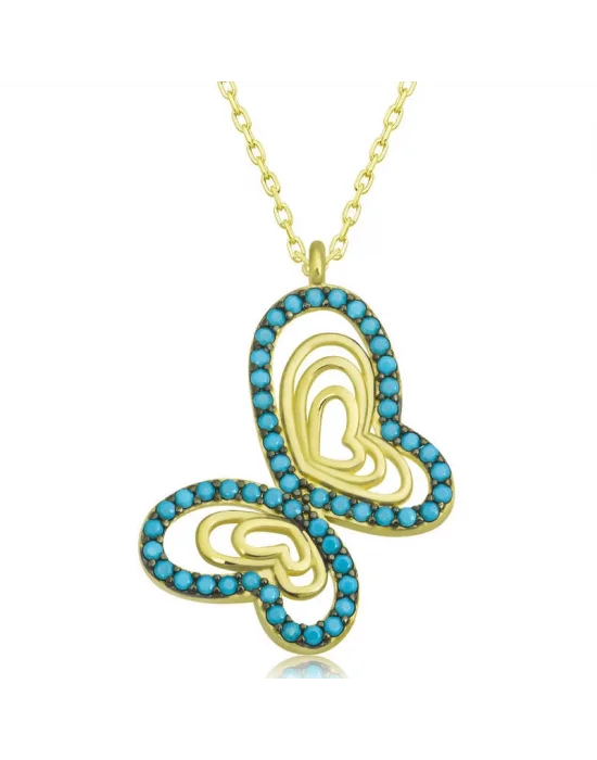 Gümüş Gold Turkuaz Taşlı Kelebek Kadın