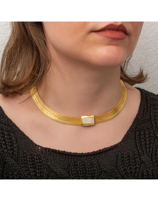 Gümüş Gold Zirkon Taşlı Trabzon Hasır Kadın Kolye