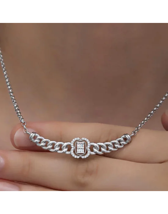 Gümüş Gurmet Zincirli Baget Taşlı Kadın Kolye