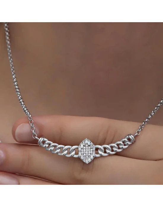Gümüş Gurmet Zincirli Baget Taşlı Kadın Kolye