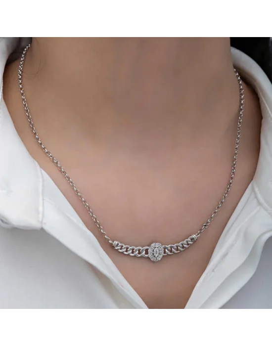 Gümüş Gurmet Zincirli Oval Baget Taşlı Kadın Kolye