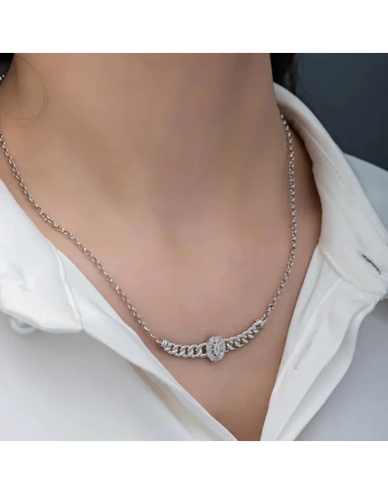 Gümüş Gurmet Zincirli Oval Baget Taşlı Kadın Kolye