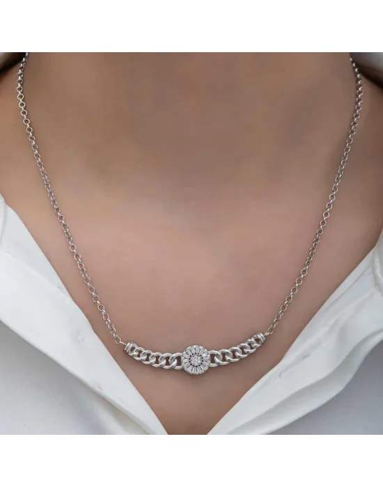 Gümüş Gurmet Zincirli Yuvarlak Baget Taşlı Kadın Kolye