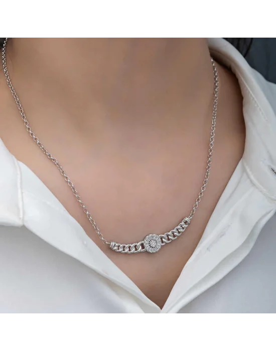 Gümüş Gurmet Zincirli Yuvarlak Baget Taşlı Kadın Kolye