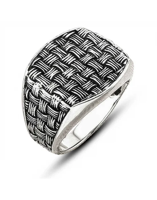 Gümüş Hasır Desenli Erkek Yüzük