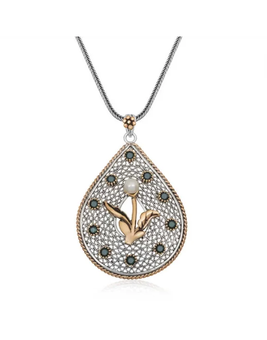 Gümüş İnci Çiçek Otantik Bayan Kolye