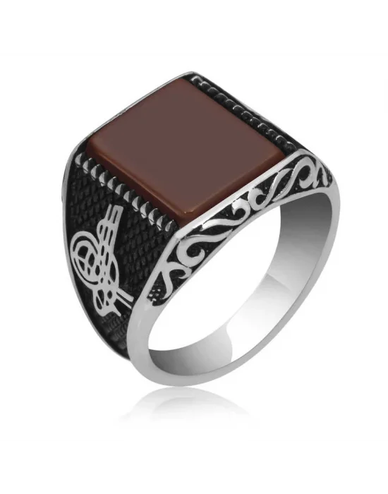 Gümüş Kahverengi Akik Erkek Yüzük
