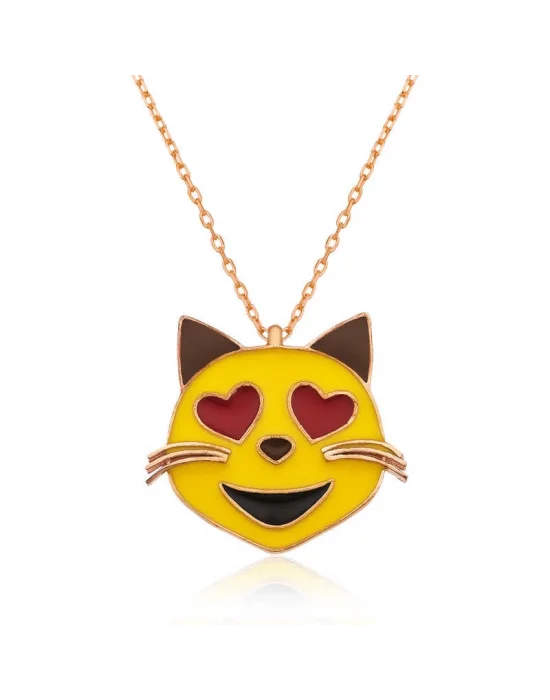 Gümüş Kalp Gözlü Kedi Emoji Bayan Kolye