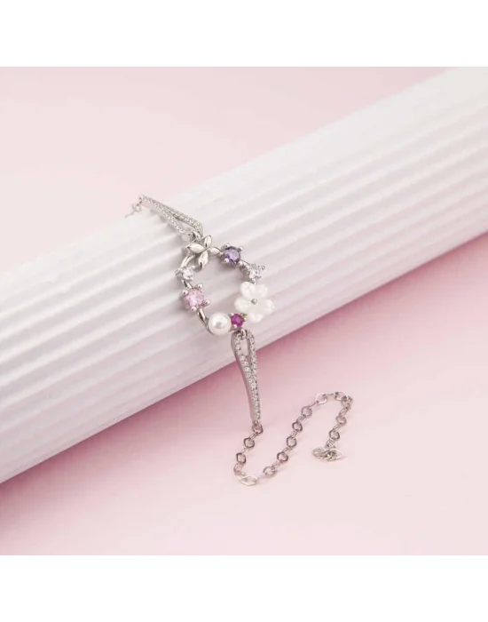 Gümüş Kalp Manolya Çiçeği Kelebek Kadın Bileklik