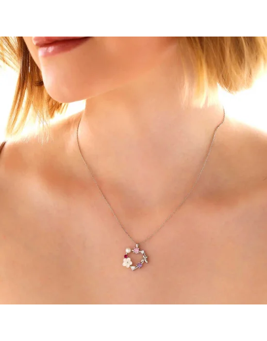 Gümüş Kalp Manolya Çiçeği Kelebek Kadın Kolye