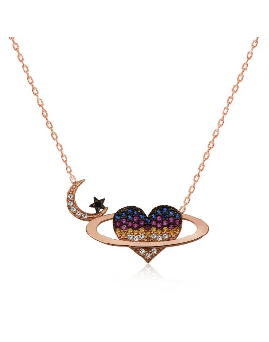 Gümüş Kalpli Gezegen Bayan Kolye