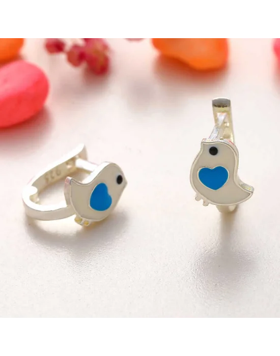 Gümüş Kalpli Kuş Çocuk Küpesi