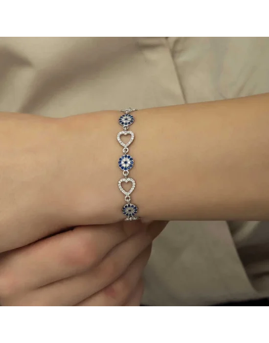 Gümüş Kalpli Nazar Bayan Bileklik