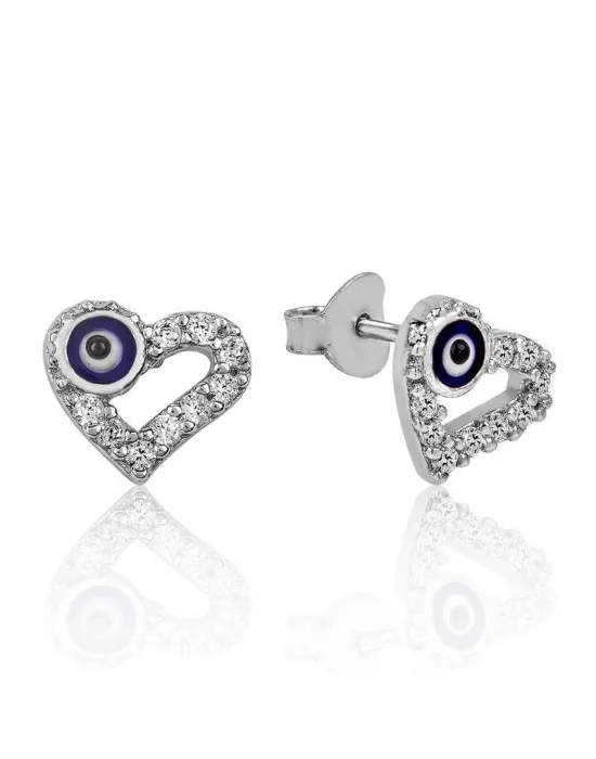 Gümüş Kalpli Nazar Çivili Küpe