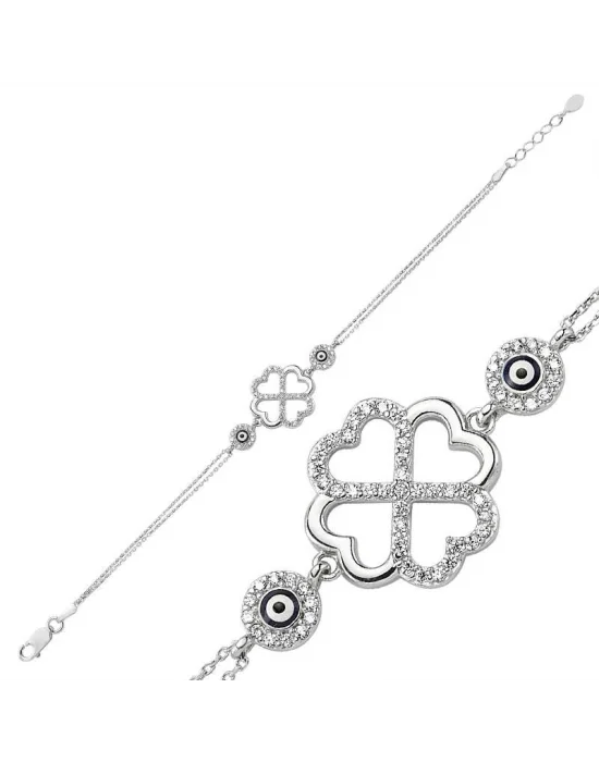 Gümüş Kalpli Yonca Bayan Bileklik