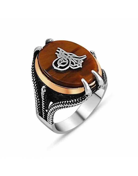 Gümüş Kaplan Gözü Taşlı Tuğralı Erkek Yüzük