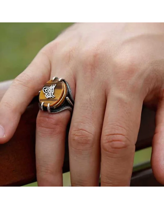 Gümüş Kaplan Gözü Taşlı Tuğralı Erkek Yüzük