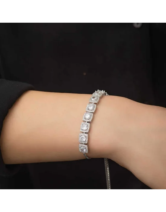 Gümüş Kare Baget Taşlı Asansörlü Bileklik