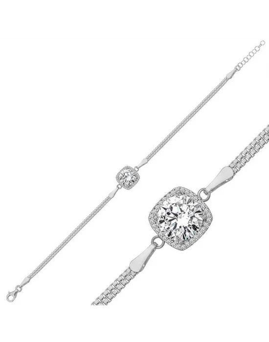 Gümüş Kare Montür Beyaz Taşlı Kadın Bileklik