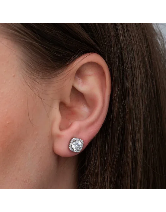 Gümüş Kare Montür Pırlanta Çivilii Modeli Küpe