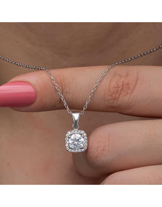 Gümüş Kare Montür Tek Taş Kadın Kolye