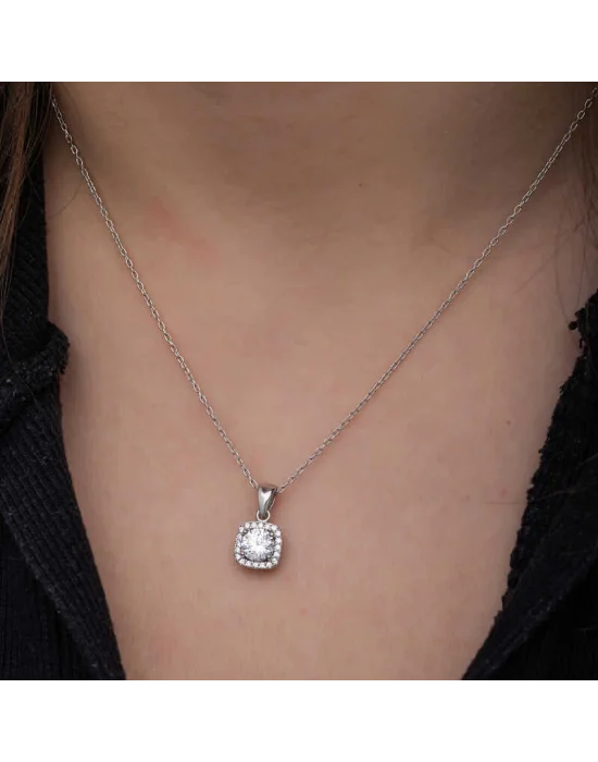 Gümüş Kare Montür Tek Taş Kadın Kolye