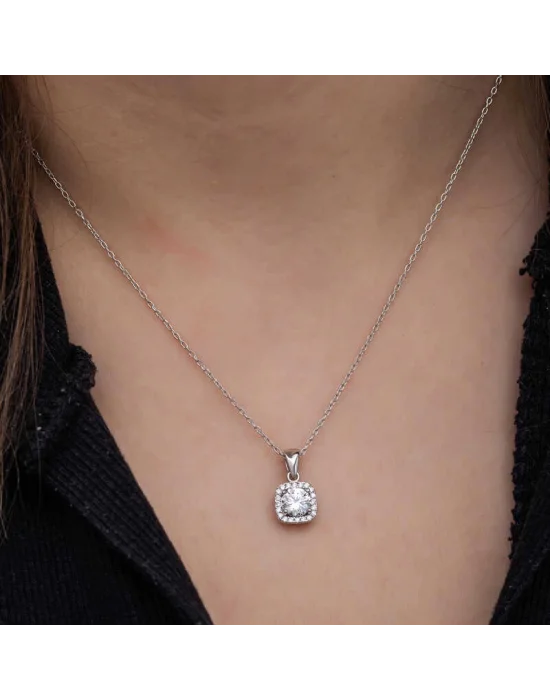 Gümüş Kare Montür Tek Taş Kadın Kolye