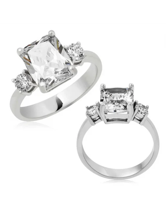 Gümüş Kare Montür Üç Taş Bayan Yüzük