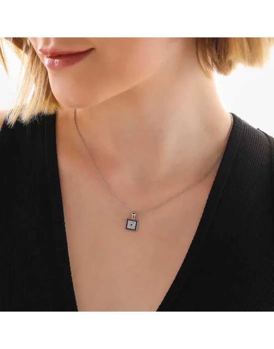 Gümüş Kare Nazar Kadın Kolye
