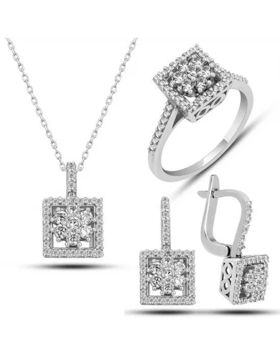 Gümüş Kare Zirkon Taşlı Kadın Set