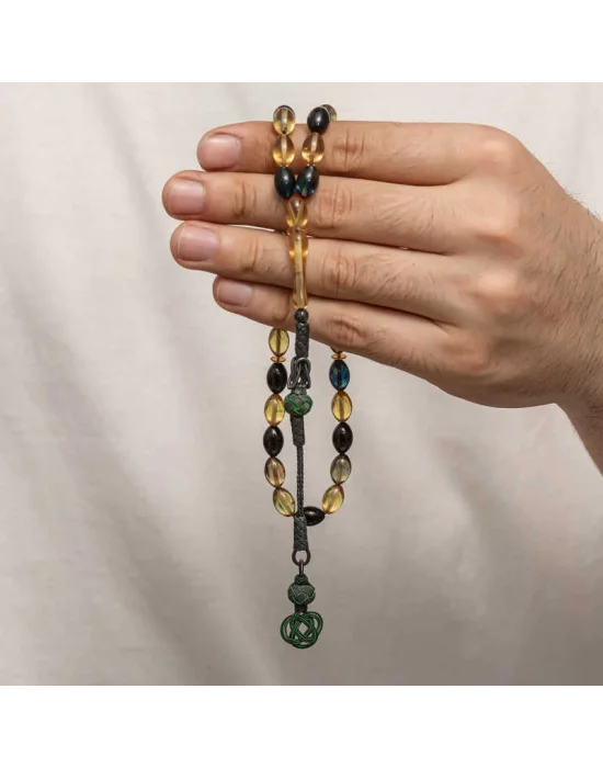 Gümüş Kazaz Püsküllü Sıkma Kehribar Tesbih