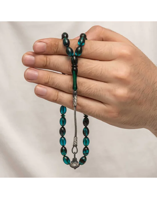 Gümüş Kazaz Püsküllü Sıkma Kehribar Tesbih