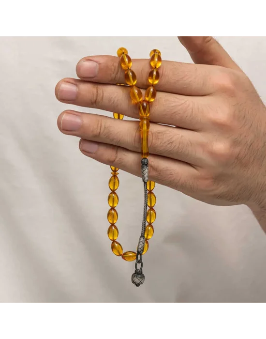 Gümüş Kazaz Püsküllü Sıkma Kehribar Tesbih