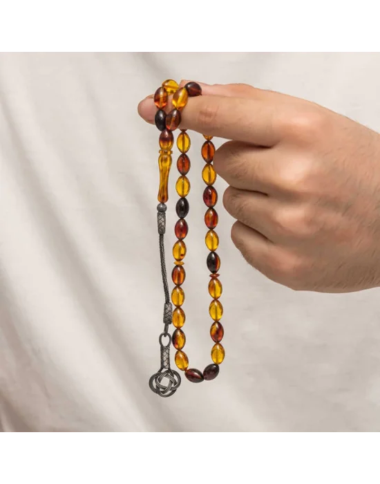 Gümüş Kazaz Püsküllü Sıkma Kehribar Tesbih