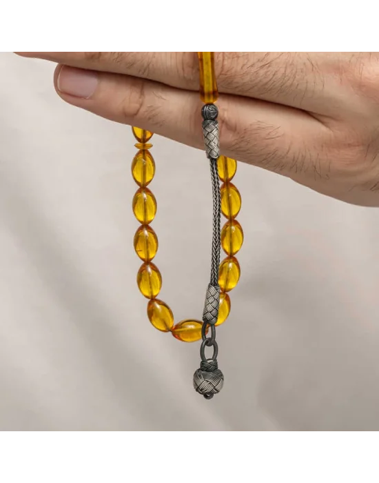 Gümüş Kazaz Püsküllü Sıkma Kehribar Tesbih