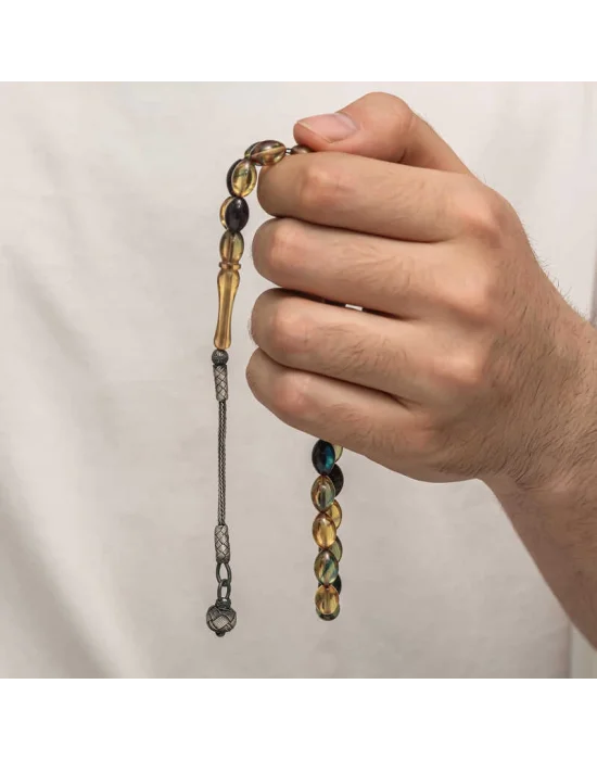 Gümüş Kazaz Püsküllü Sıkma Kehribar Tesbih