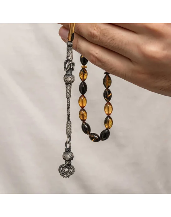 Gümüş Kazaz Püsküllü Sıkma Kehribar Tesbih