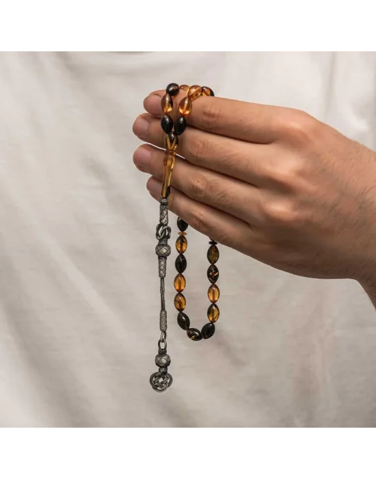 Gümüş Kazaz Püsküllü Sıkma Kehribar Tesbih