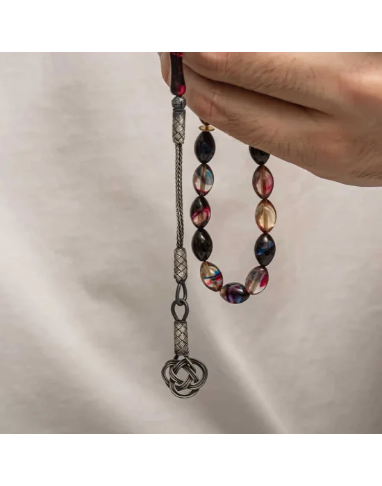 Gümüş Kazaz Püsküllü Sıkma Kehribar Tesbih