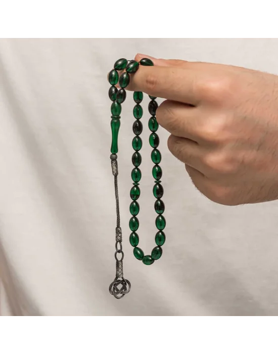 Gümüş Kazaz Püsküllü Sıkma Kehribar Tesbih